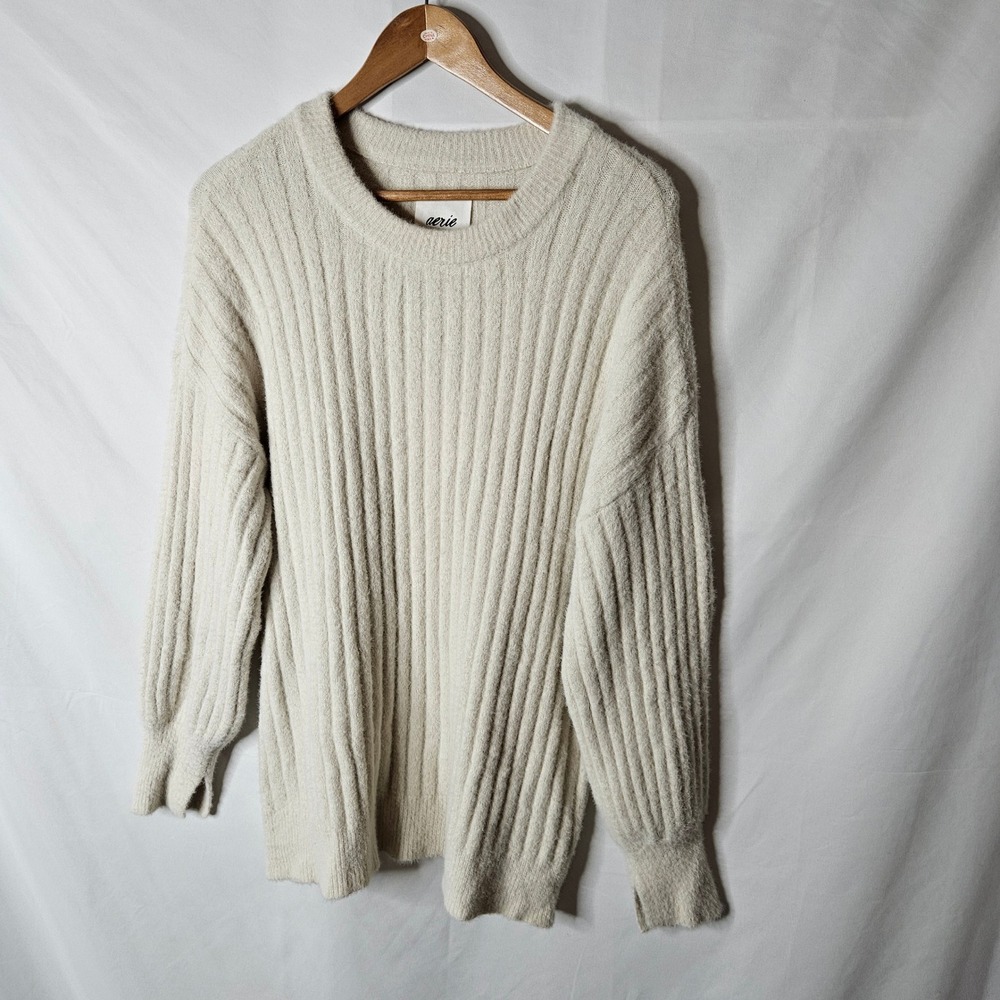 Aerie Super Soft Cream Ribbed Crew Neck Oversized Sweater sz M